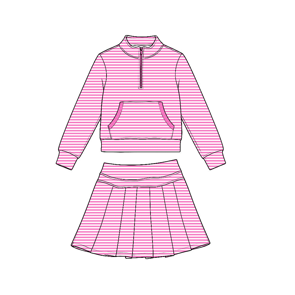 7.21 Preorder GLD1699 Pink Stripes Zipper Top Skort Girls Yoga Clothes Set