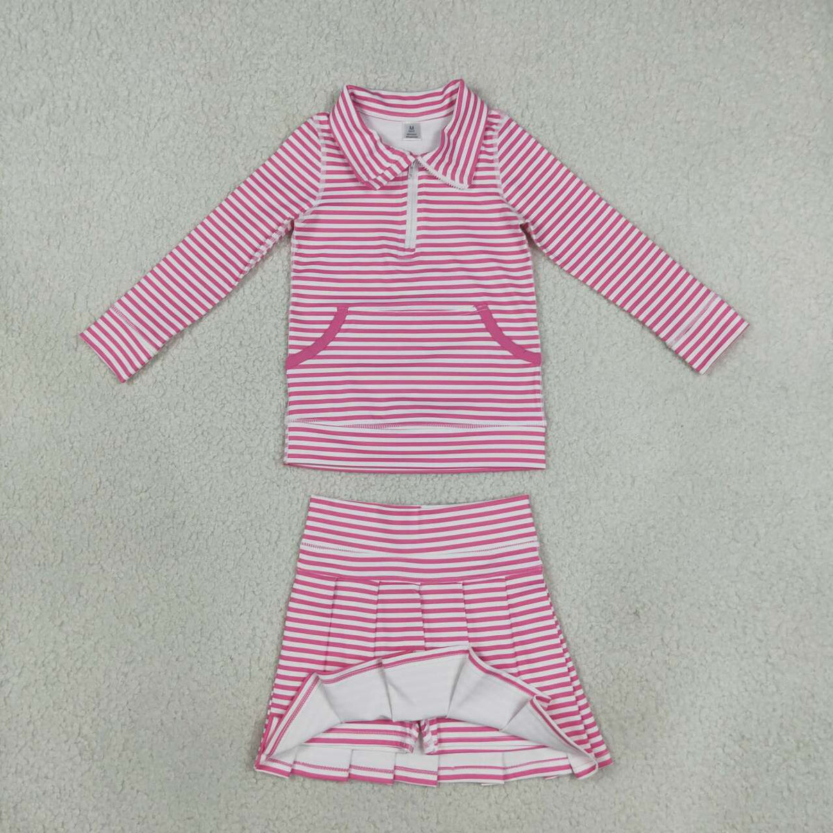 GLD1699 Pink Stripes Zipper Top Pleated Skort Girls Yoga Clothes Set