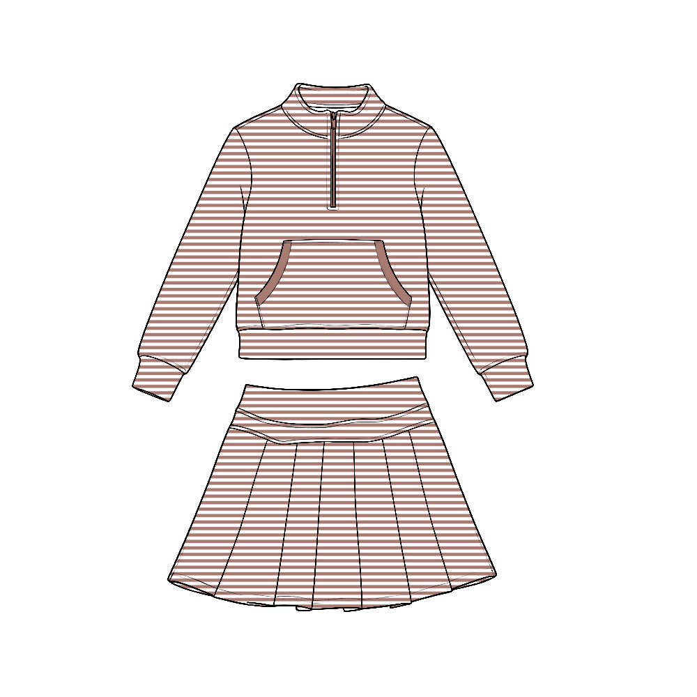 7.21 Preorder GLD1701 Brown Stripes Zipper Top Skort Girls Yoga Clothes Set