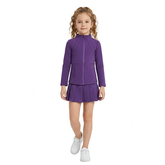 GLD1704 Purple Zipper Top Pleated Skort Girls Yoga Clothes Set