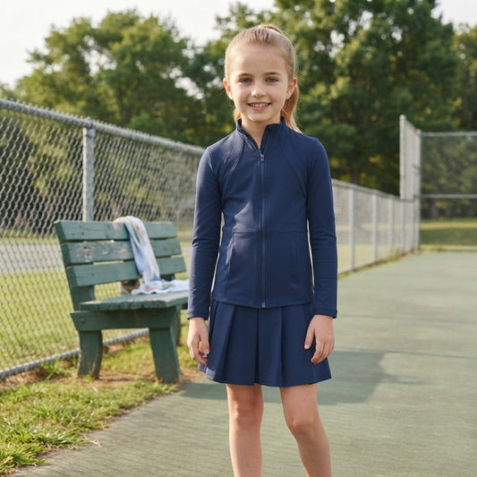 GLD1705 Navy Zipper Top Pleated Skort Girls Yoga Clothes Set