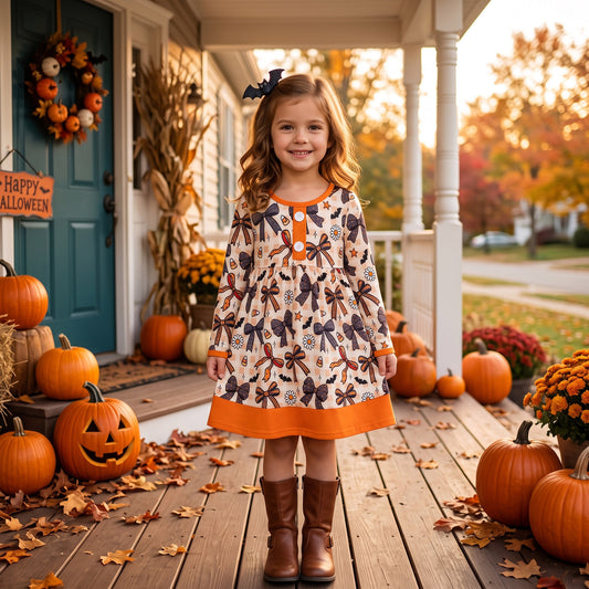 GLD1708 Bows Candy Flowers Bat Print Girls Halloween Knee Length Dresses Dress