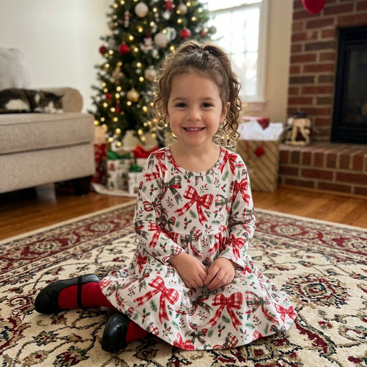 GLD1709 Bows Holly Print Baby Girls Christmas Long Sleeve Dress