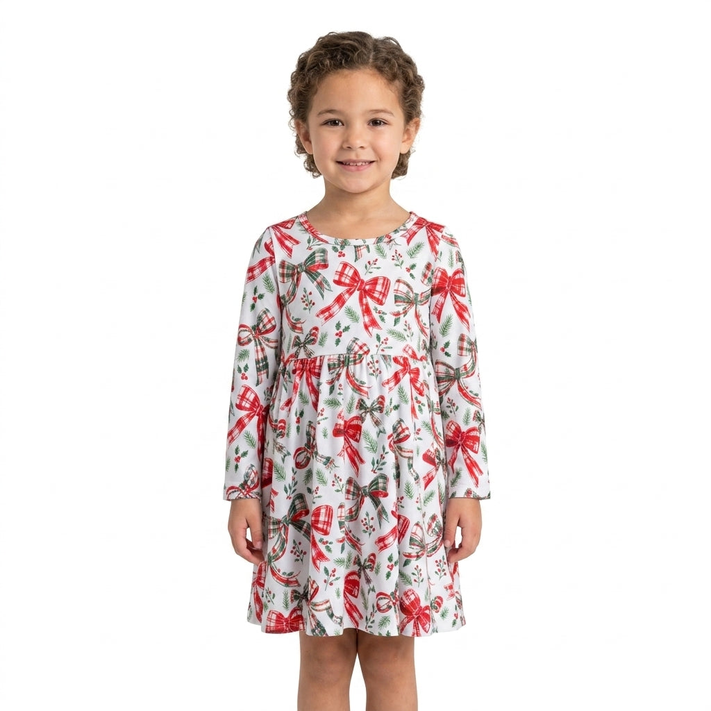 GLD1709 Bows Holly Print Baby Girls Christmas Long Sleeve Dress