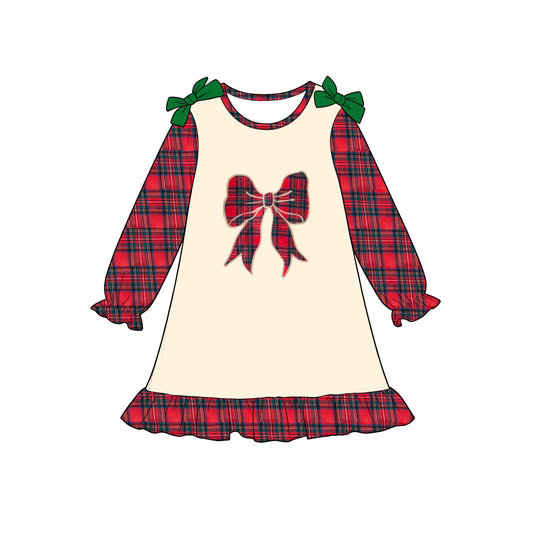 7.23 Preorder Baby Girls Christmas Plaid Bow Long Sleeve  Dress
