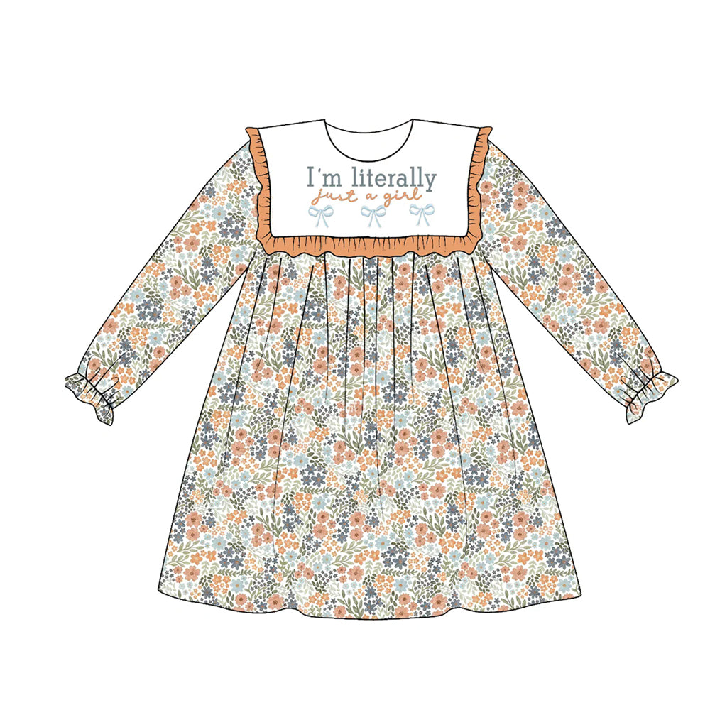 7.29 GLD1715 Preorder Just A Girl Bows Flowers Print Girls Knee Length Dress