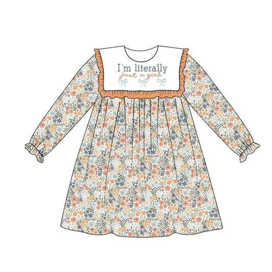 7.29 GLD1715 Preorder Just A Girl Bows Flowers Print Girls Knee Length Dress