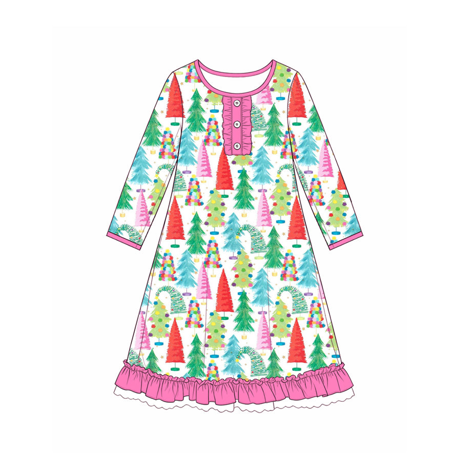 8.4 Preorder Baby Girls Christmas Tree Print Long Sleeve Gown Dress