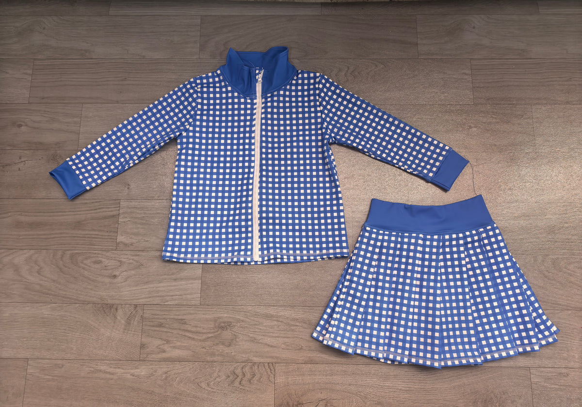 8.8  Preorder Girls RoyaL Blue Gingham Pullover Top With Skort Active Outfit