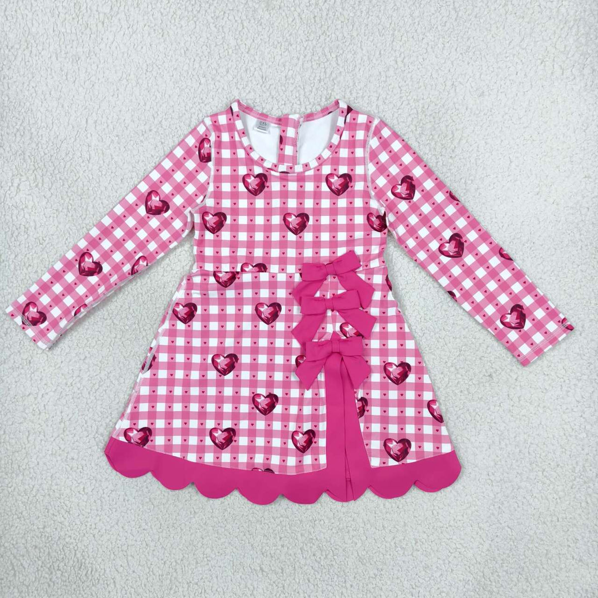 GLD1750 Hearts Checkered Print Girls Valentine's Day Long Sleeve Bows Active Dress