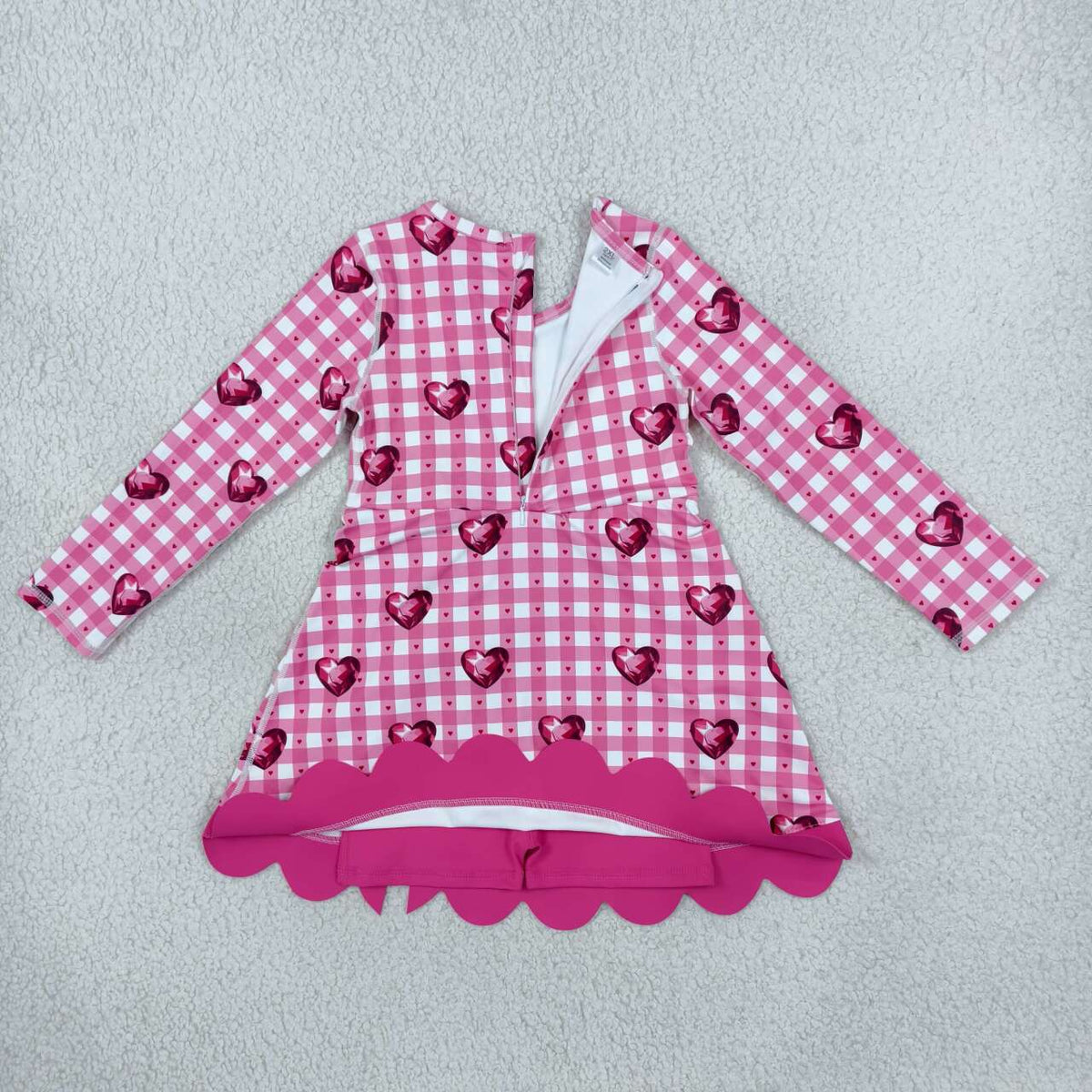 GLD1750 Hearts Checkered Print Girls Valentine's Day Long Sleeve Bows Active Dress