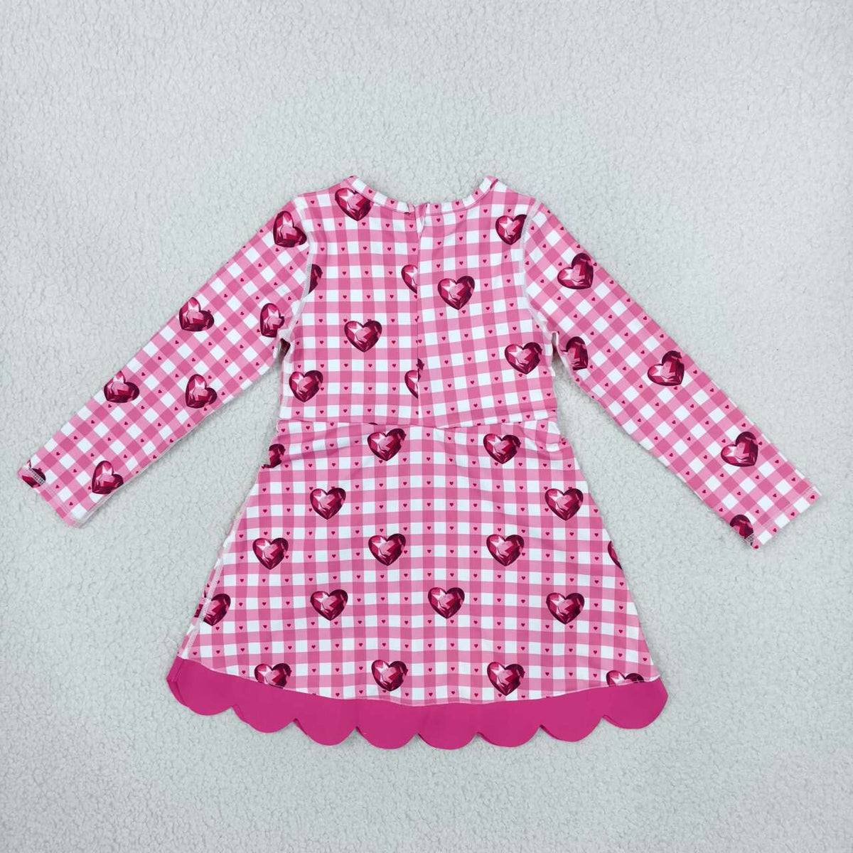GLD1750 Hearts Checkered Print Girls Valentine's Day Long Sleeve Bows Active Dress