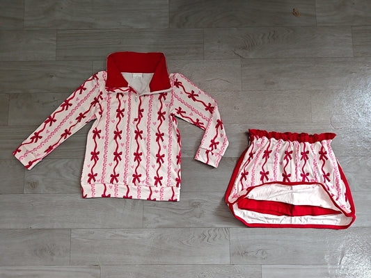 8.10 Preorder Kids Girls Red Bow Heart Long Sleeve Zip Pullover Top with Skort Outfit