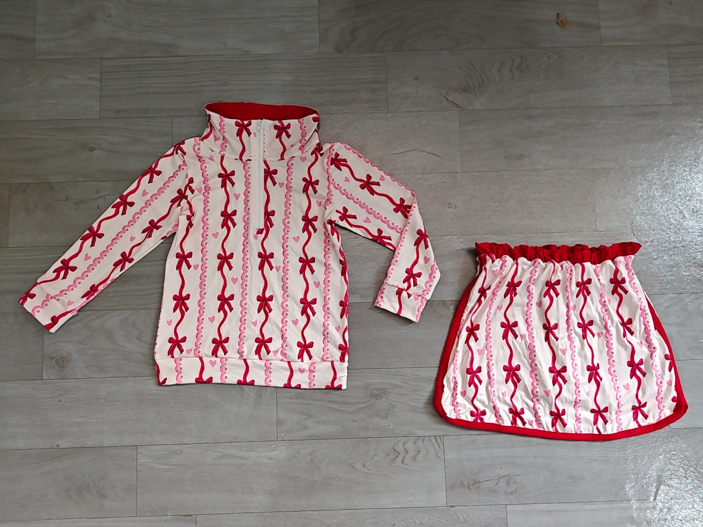 8.10 Preorder Kids Girls Red Bow Heart Long Sleeve Zip Pullover Top with Skort Outfit