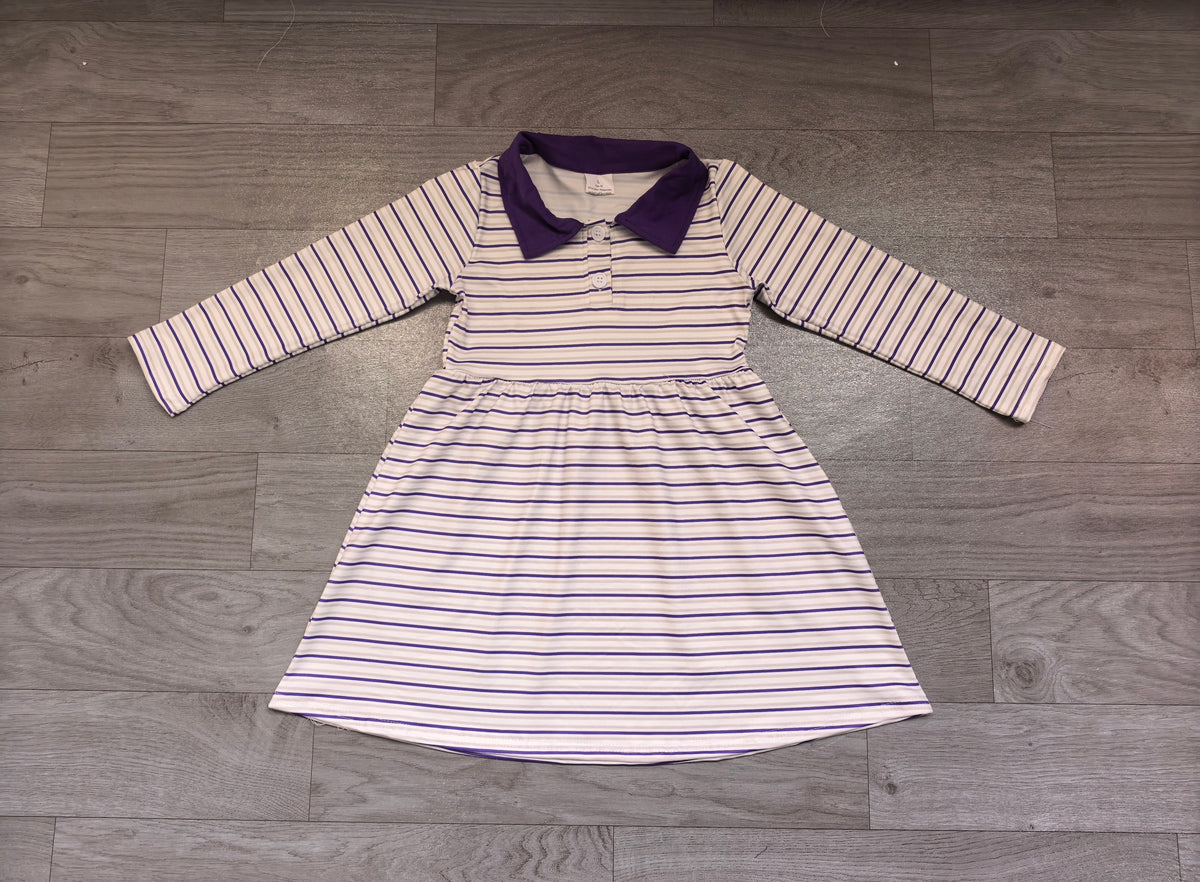 8.13 GLD1757 Preorder Purple Green Stripes Print Girls Mardi Gras Knee Length Dress