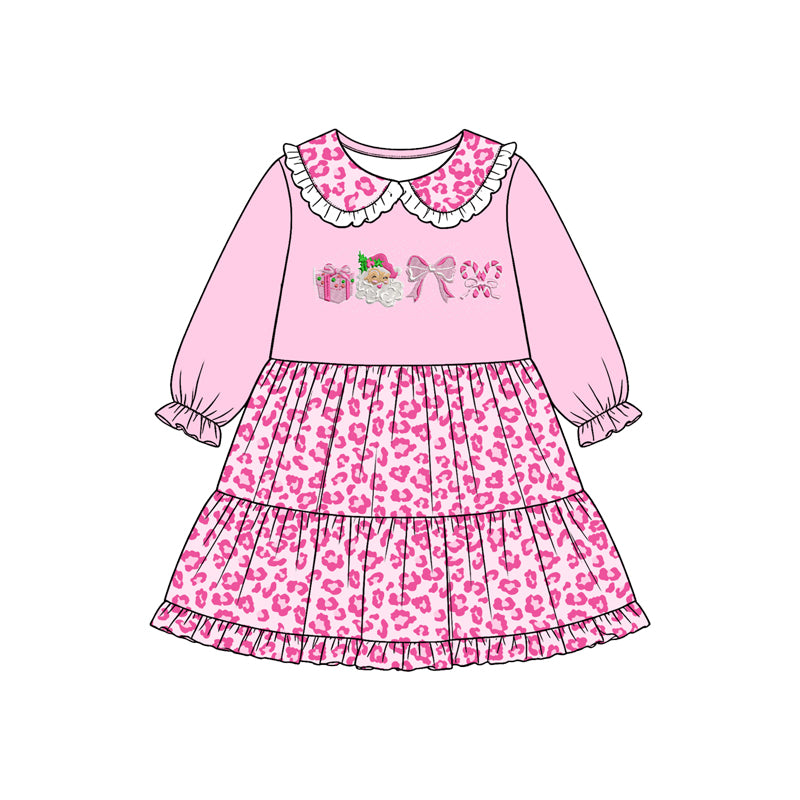 8.15 GLD1760 Preorder Santa Bows Candy Cane Pink Leopard Print Girls Christmas Knee Length Dress