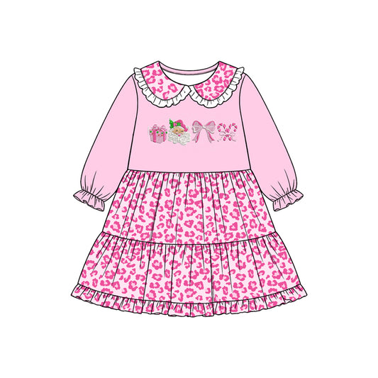8.15 GLD1760 Preorder Santa Bows Candy Cane Pink Leopard Print Girls Christmas Knee Length Dress