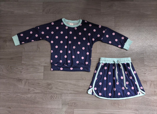 8.15 GLD1762 Preorder Kids Girls Navy Pink Polka Dot Long Sleeve Top with SKort Outfit