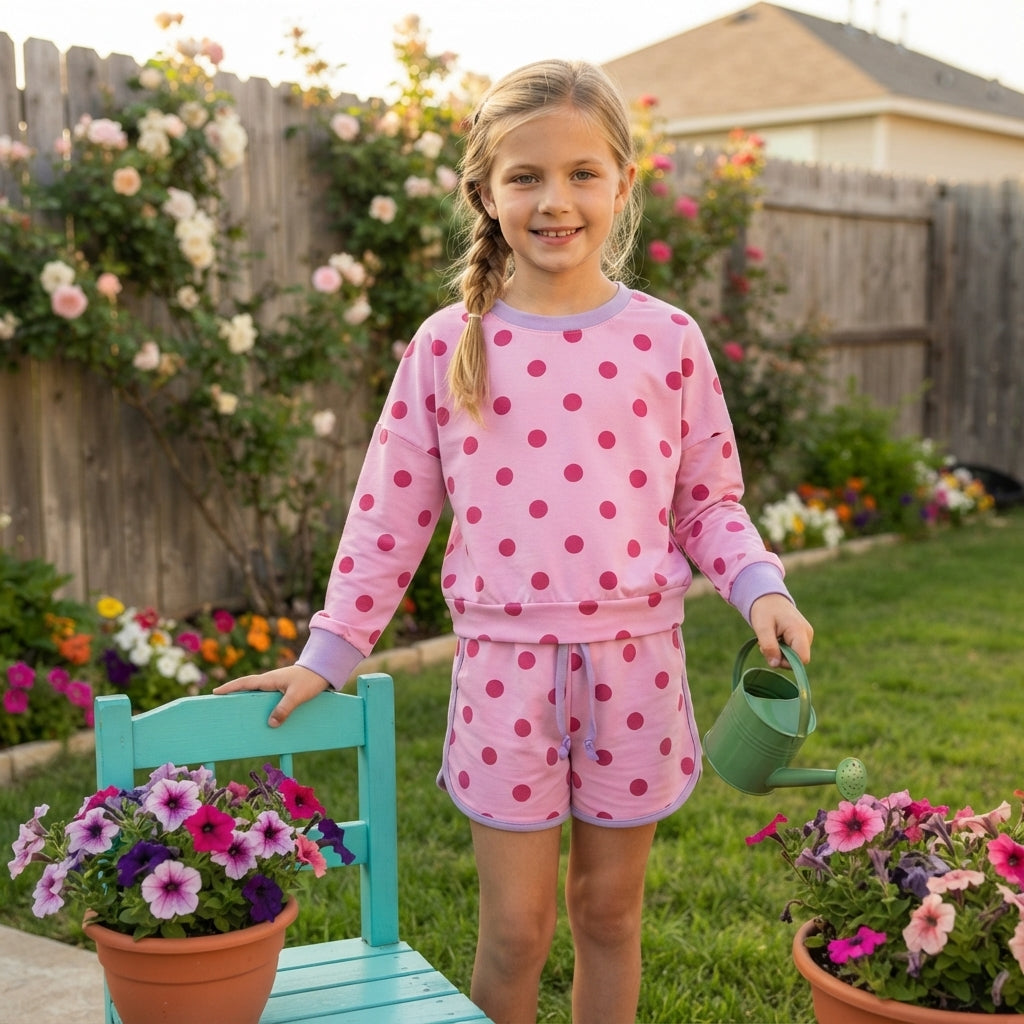 GLD1763 Pink Polka Dot Girls Long Sleeve Top Skort Outfits