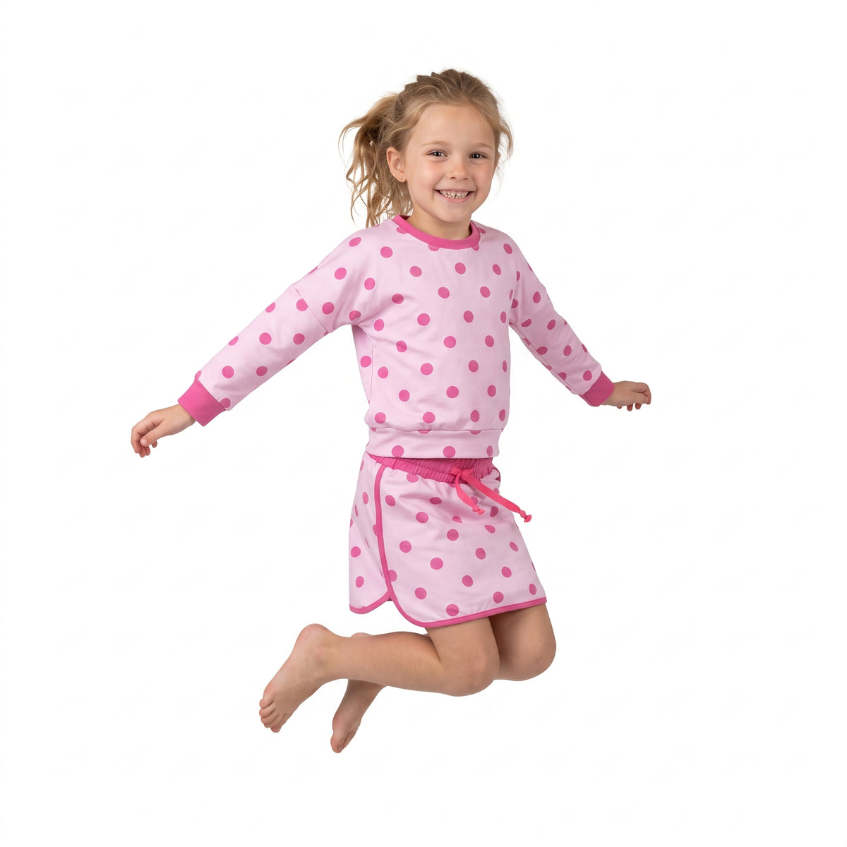 GLD1765 Light Pink Polka Dot Girls Long Sleeve Top Skort Outfits