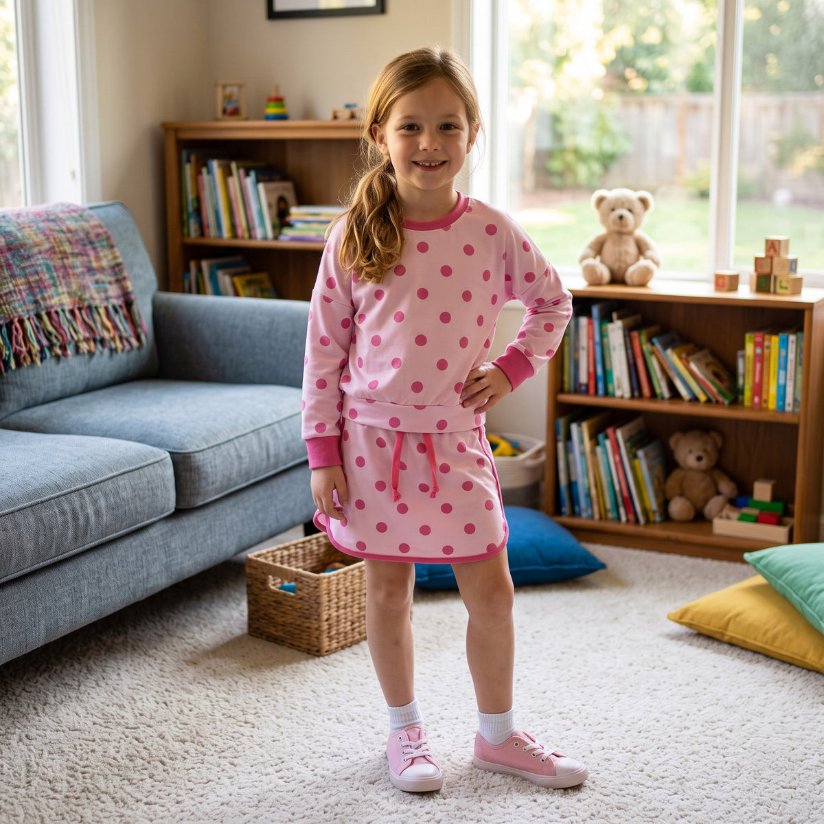 GLD1765 Light Pink Polka Dot Girls Long Sleeve Top Skort Outfits
