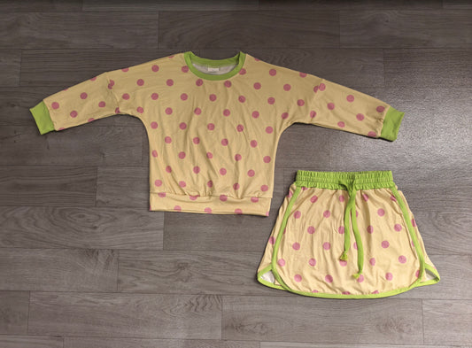 8.15 GLD1766 Preorder Kids Yellow Polka Dot Sweatshirt Skirt Set Long Sleeve Top with Skirt Outfit