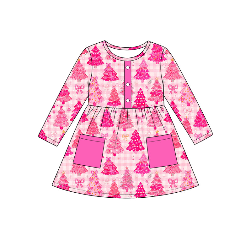 8.19 GLD1771 Preorder Tree Pink Bows Checkered Print Girls Pockets Christmas Knee Length Dress