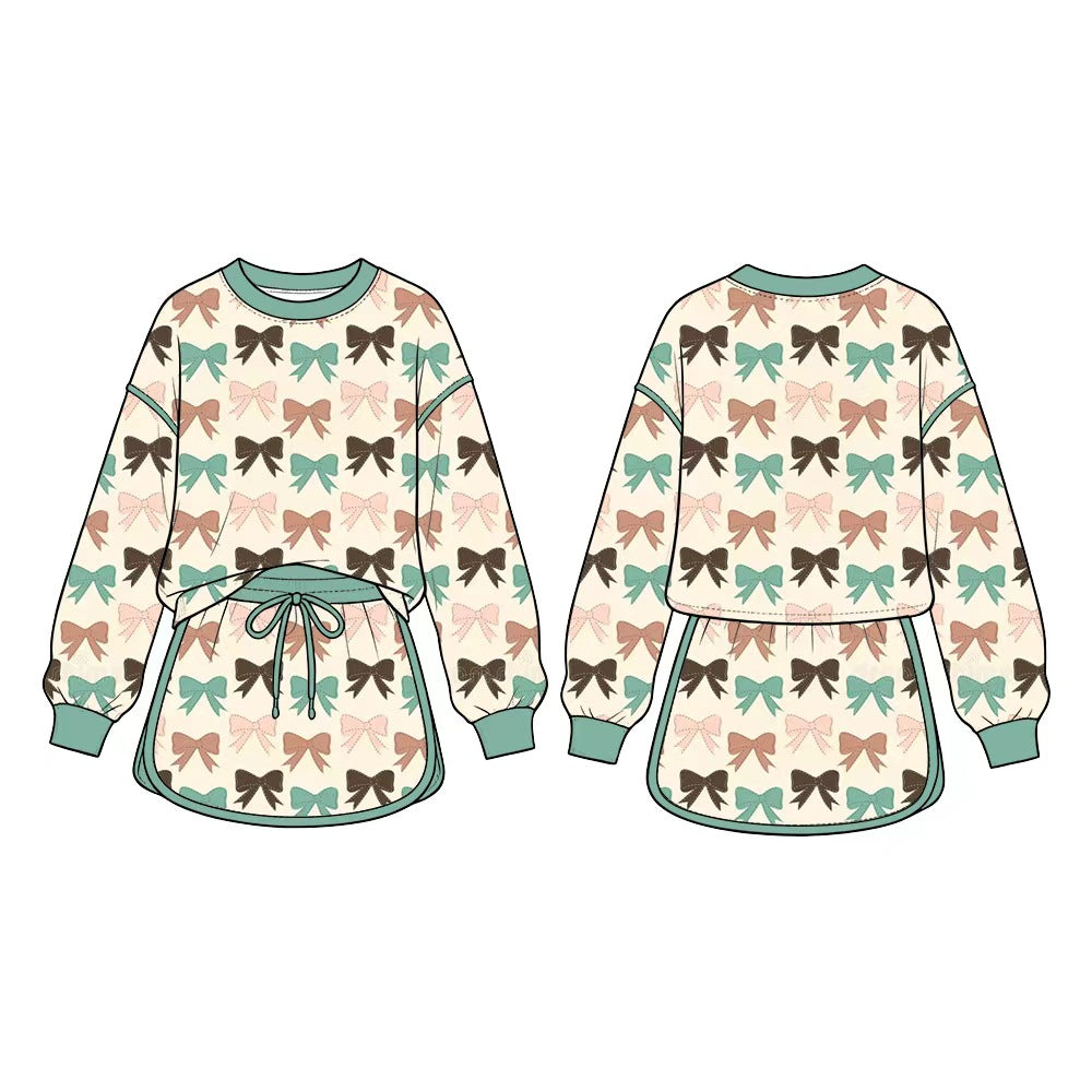 8.22 Preorder GLD1773 Colorful Bows Print Long Sleeve Top Skort Girls Clothes Set