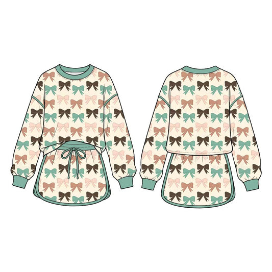 8.22 Preorder GLD1773 Colorful Bows Print Long Sleeve Top Skort Girls Clothes Set