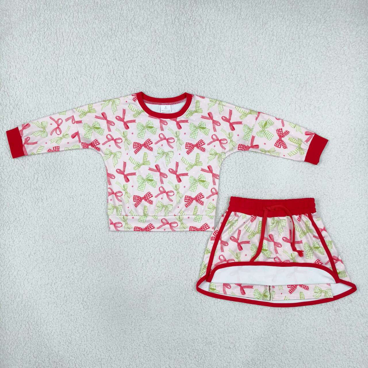 GLD1774 Red Green Bows Print Long Sleeve Top Skort Girls Christmas Clothes Set