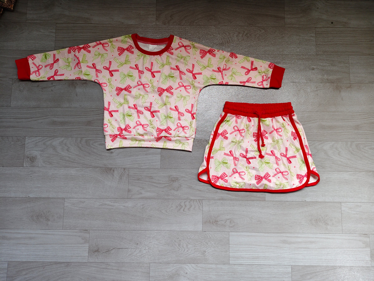 8.22 Preorder GLD1774 Red Green Bows Print Long Sleeve Top Skort Girls Christmas Clothes Set