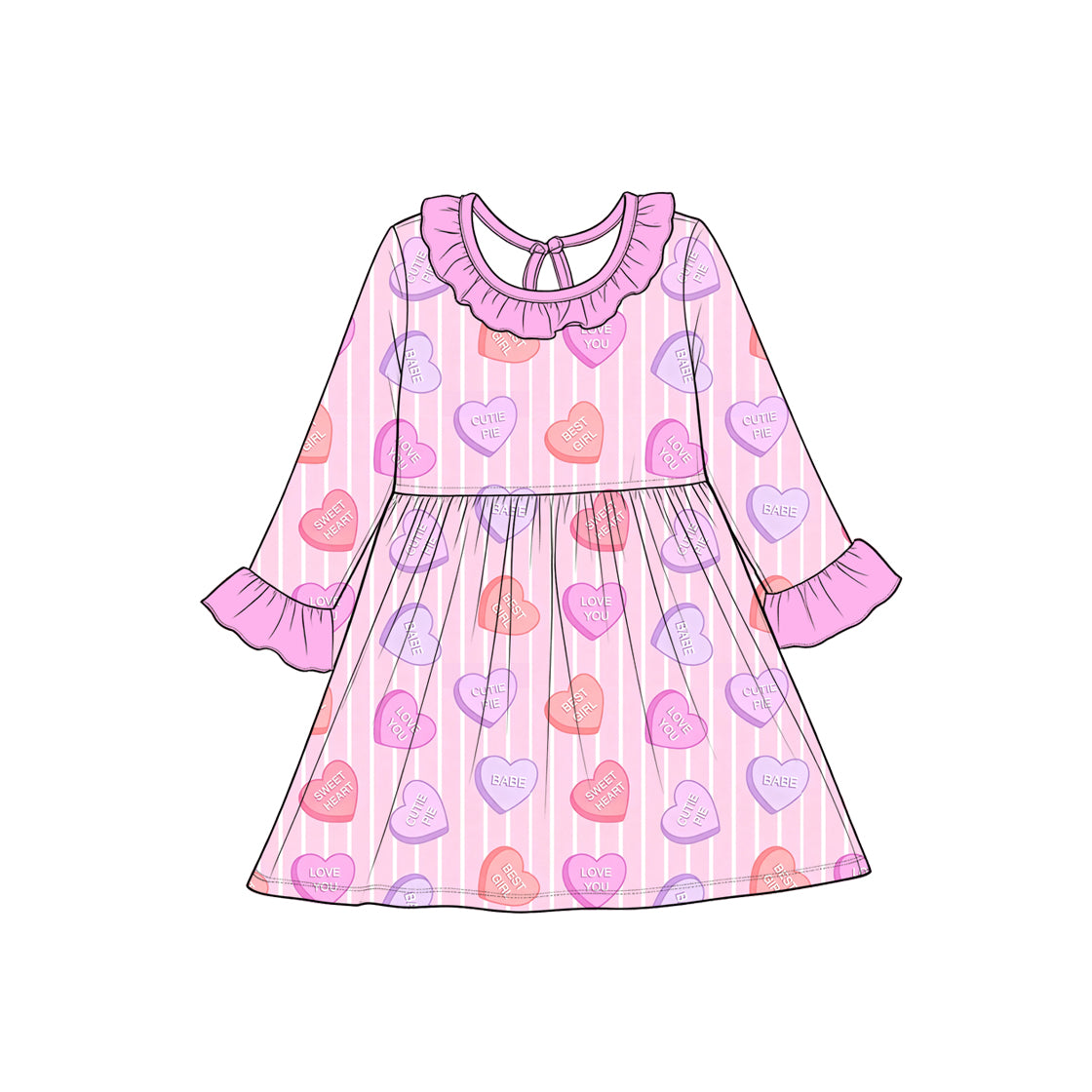 8.28 Preorder Toddler Girls Heart Candy Striped Long Sleeve Ruffle Dress