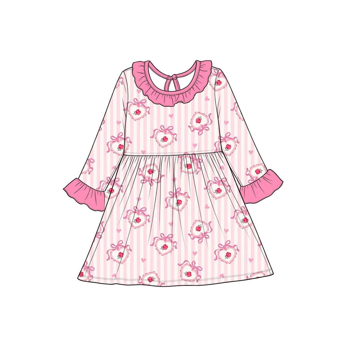 8.28 Preorder Toddler Girls Heart Rose Striped Long Sleeve Ruffle Dress