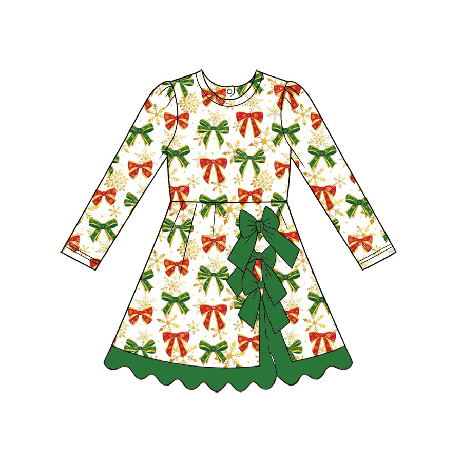 8.28 GLD1781 Preorder Red Green Bows Print Girls Christmas Yoga Dress