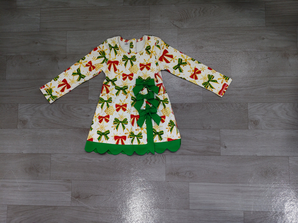 8.28 GLD1781 Preorder Red Green Bows Print Girls Christmas Yoga Dress