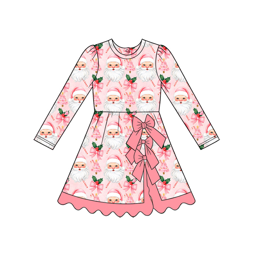 8.28 GLD1782 Preorder Santa Holly Candy Cane Bows Print Girls Christmas Yoga Dress