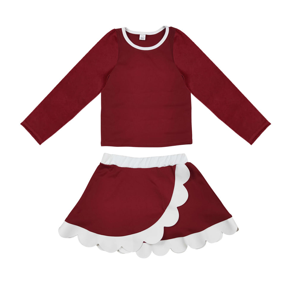 8.29  GLD1786  Preorder  Baby Girls Maroon Long Sleeve Top White Scalloped Skort Active Set
