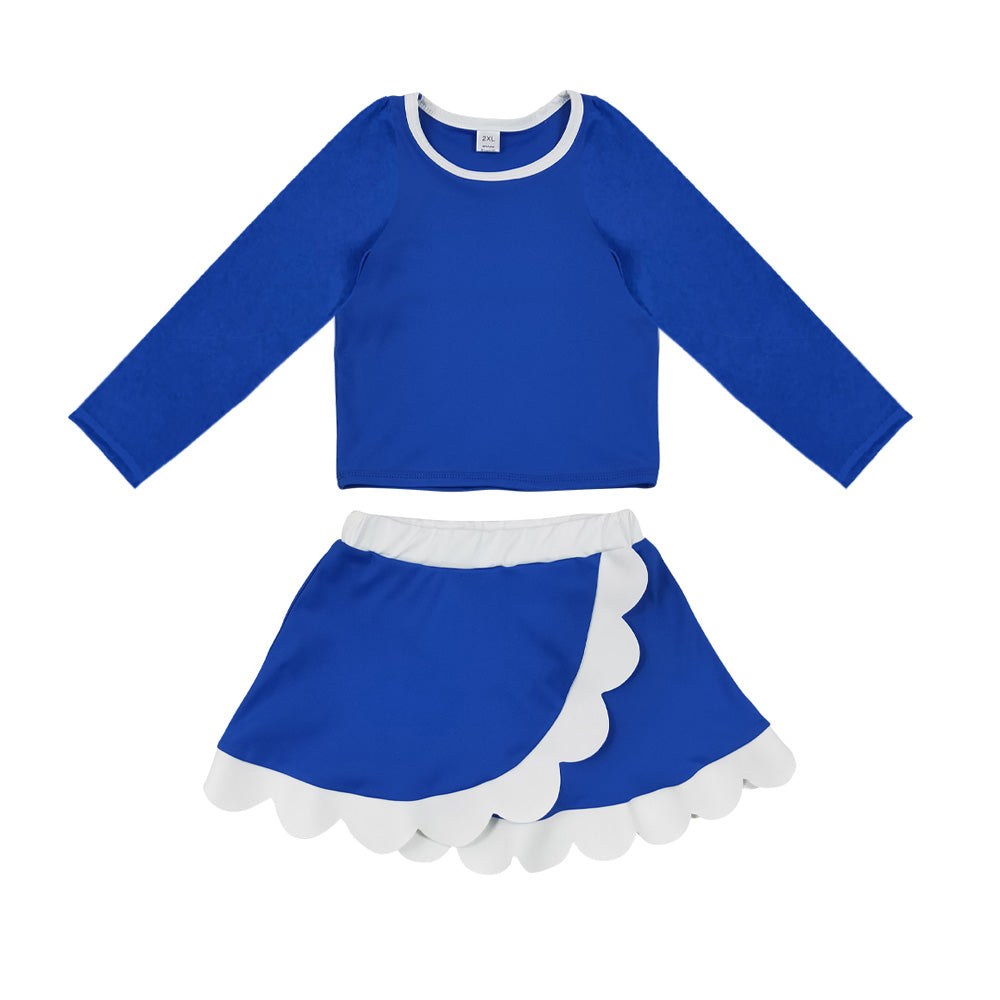 8.29  GLD1789  Preorder  Baby Girls Royal Blue Long Sleeve Top White Scalloped Skort Act Set