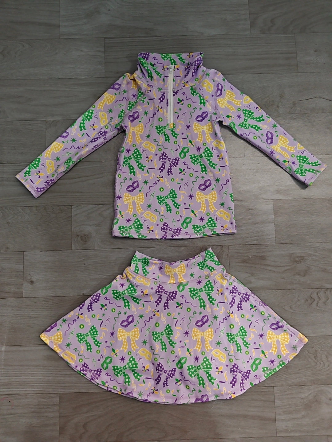 9.2 GLD1792 Preorder Mask Bows Zipper Pullover Top Skort Girls Mardi Gras Yoga Clothes Set