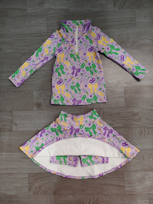 9.2 GLD1792 Preorder Mask Bows Zipper Pullover Top Skort Girls Mardi Gras Yoga Clothes Set