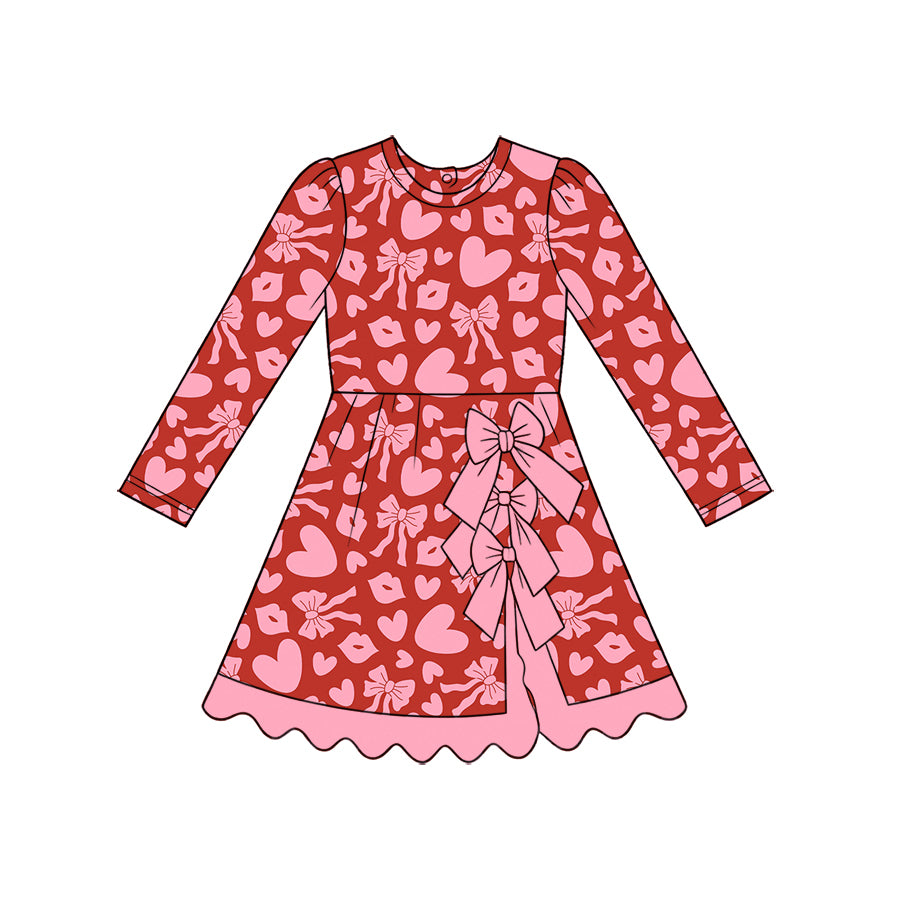 9.3 GLD1793 Preorder Baby Girls Valentine Heart Bow Red Long Sleeve Scallop Active Dress