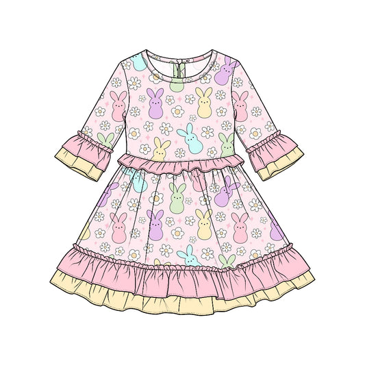 9.4 GLD1794 Preorder Colorful Bunny Flowers Print Girls Easter Knee Length Dress