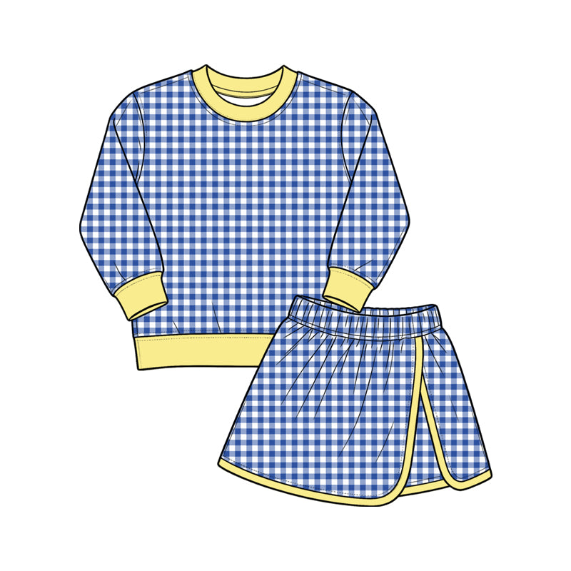 9.7 GLD1798 Preorder Blue Checkered Yellow Edge Top Skirts Girls Yoga Clothes Set
