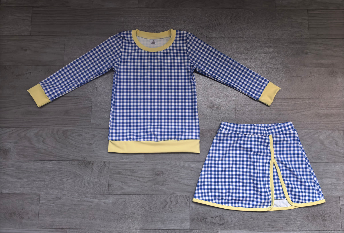 9.7 GLD1798 Preorder Blue Checkered Yellow Edge Top Skirts Girls Yoga Clothes Set