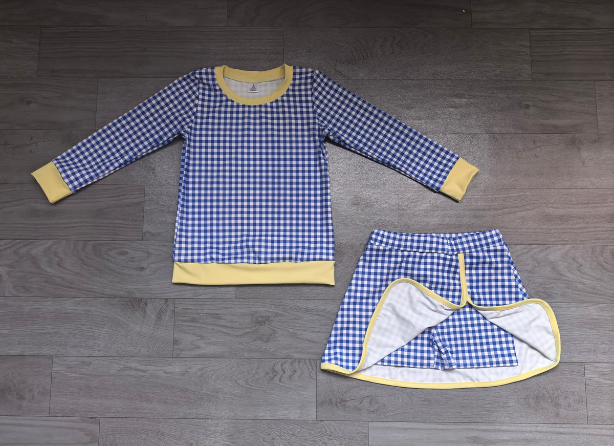 9.7 GLD1798 Preorder Blue Checkered Yellow Edge Top Skirts Girls Yoga Clothes Set