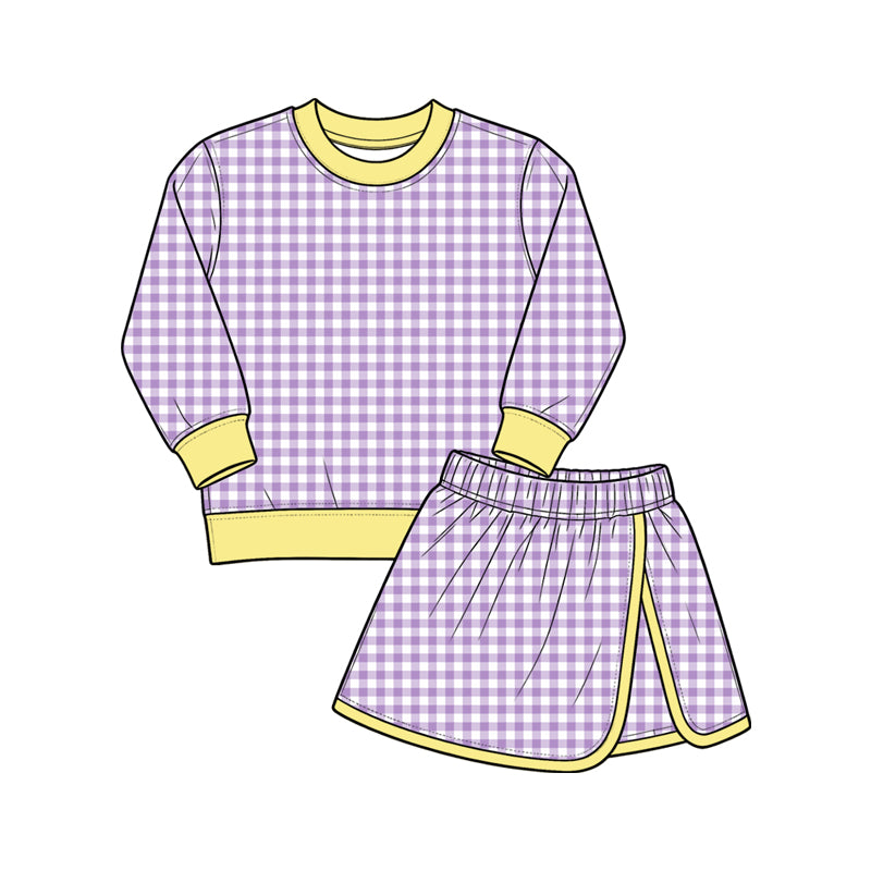 9.7 GLD1799 Preorder Purple Checkered Yellow Edge Top Skirts Girls Yoga Clothes Set