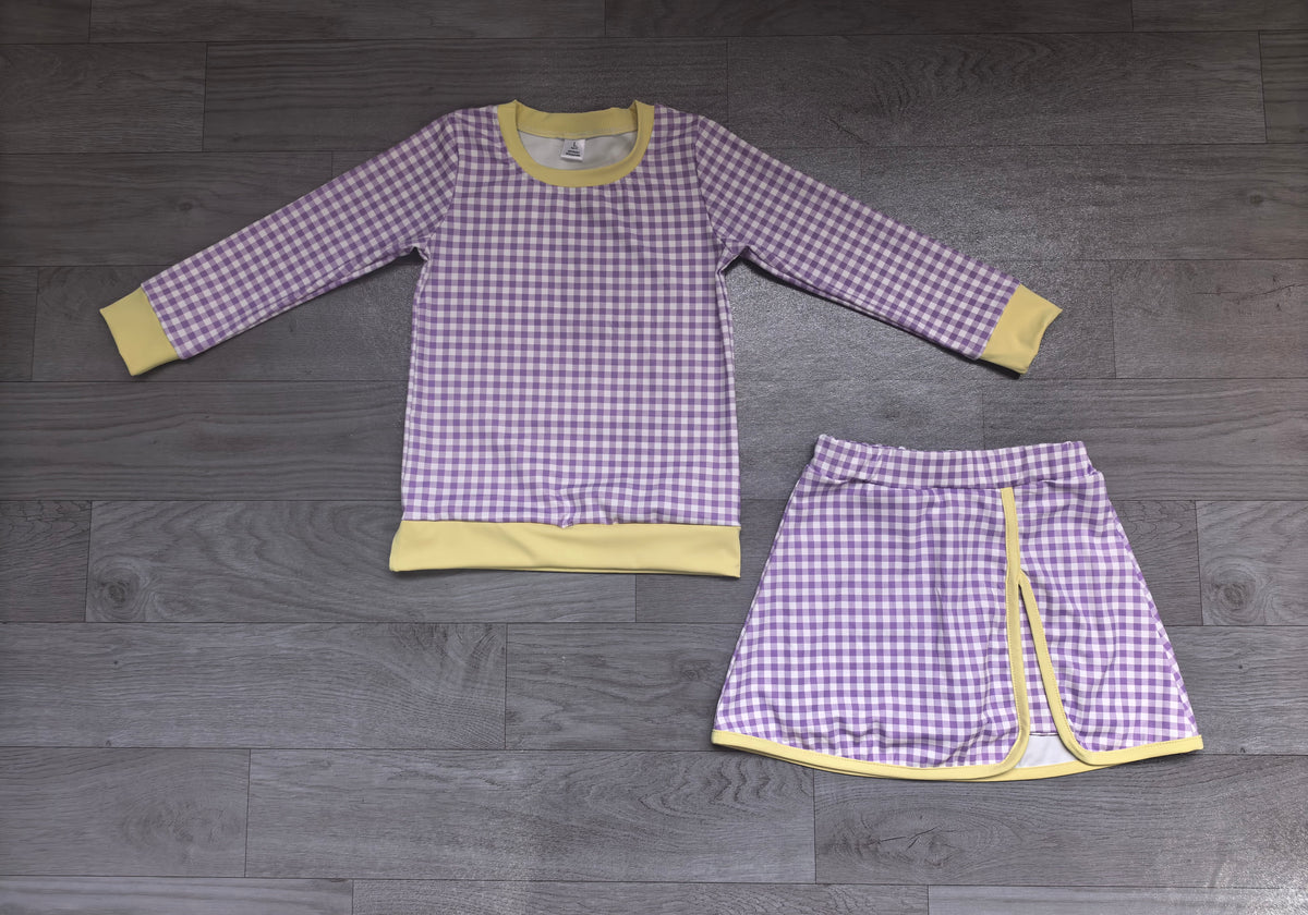 9.7 GLD1799 Preorder Purple Checkered Yellow Edge Top Skirts Girls Yoga Clothes Set