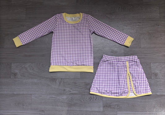 9.7 GLD1799 Preorder Purple Checkered Yellow Edge Top Skirts Girls Yoga Clothes Set
