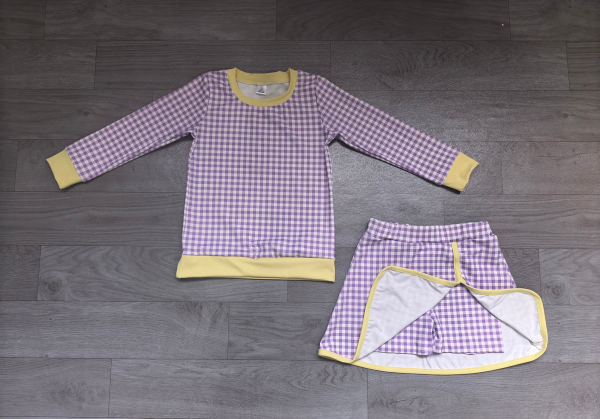 9.7 GLD1799 Preorder Purple Checkered Yellow Edge Top Skirts Girls Yoga Clothes Set