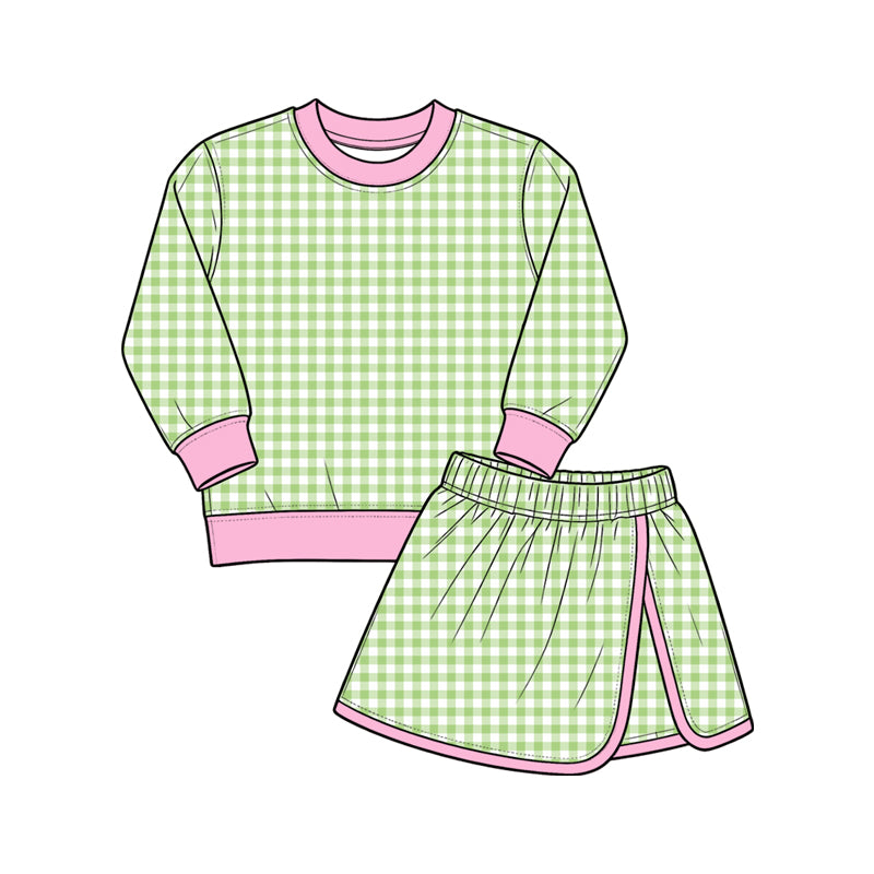 9.7 GLD1800 Preorder Green Checkered Pink Edge Top Skirts Girls Yoga Clothes Set